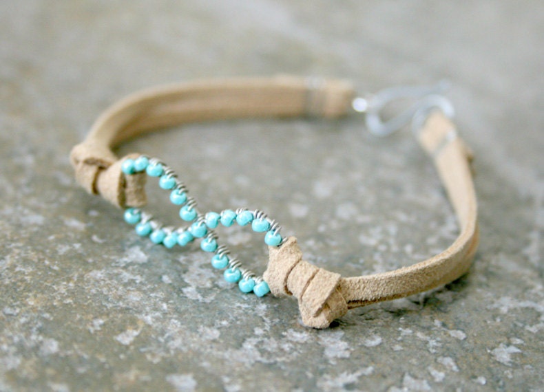 Turquoise Infinity Bracelet Wire Wrapped Silver Aluminum and Suede MADE TO ORDER