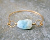 Large Crystal Aquamarine Stone Bangle Bracelet Gold Brass