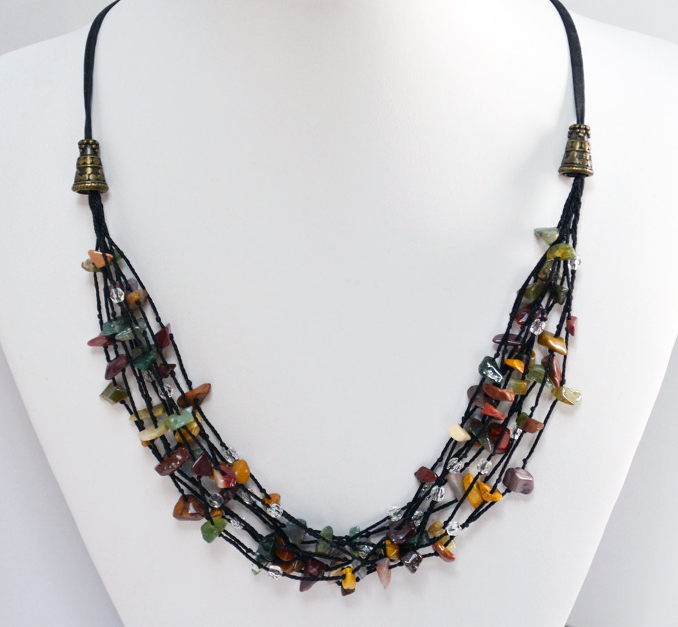 Rich Evening Sky Semi Precious Stones on Silk Necklace, Fiber Necklace, Long Womens Necklace, Bib Necklace, Adjustable, Natural Gemstone