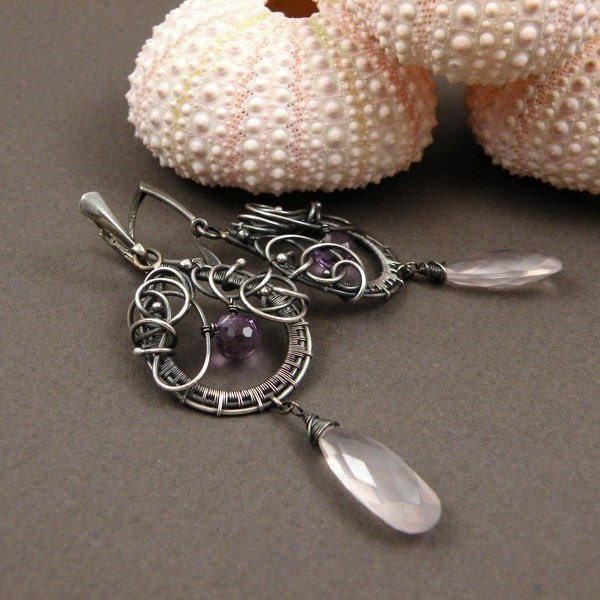 Long wire wrap earring, wirework earring , gemsone silver jewelry , fine wire wrapped jewelry , sterling earring