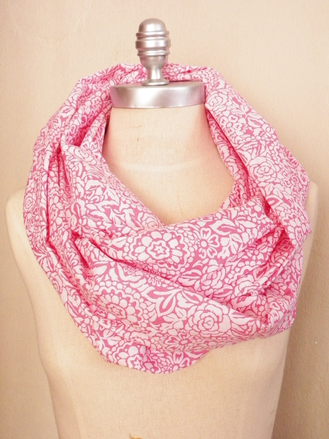 Spring Scarf, Infinity Scarf, Loop Scarf, Floral Print Salmon Pink and White, Flowers