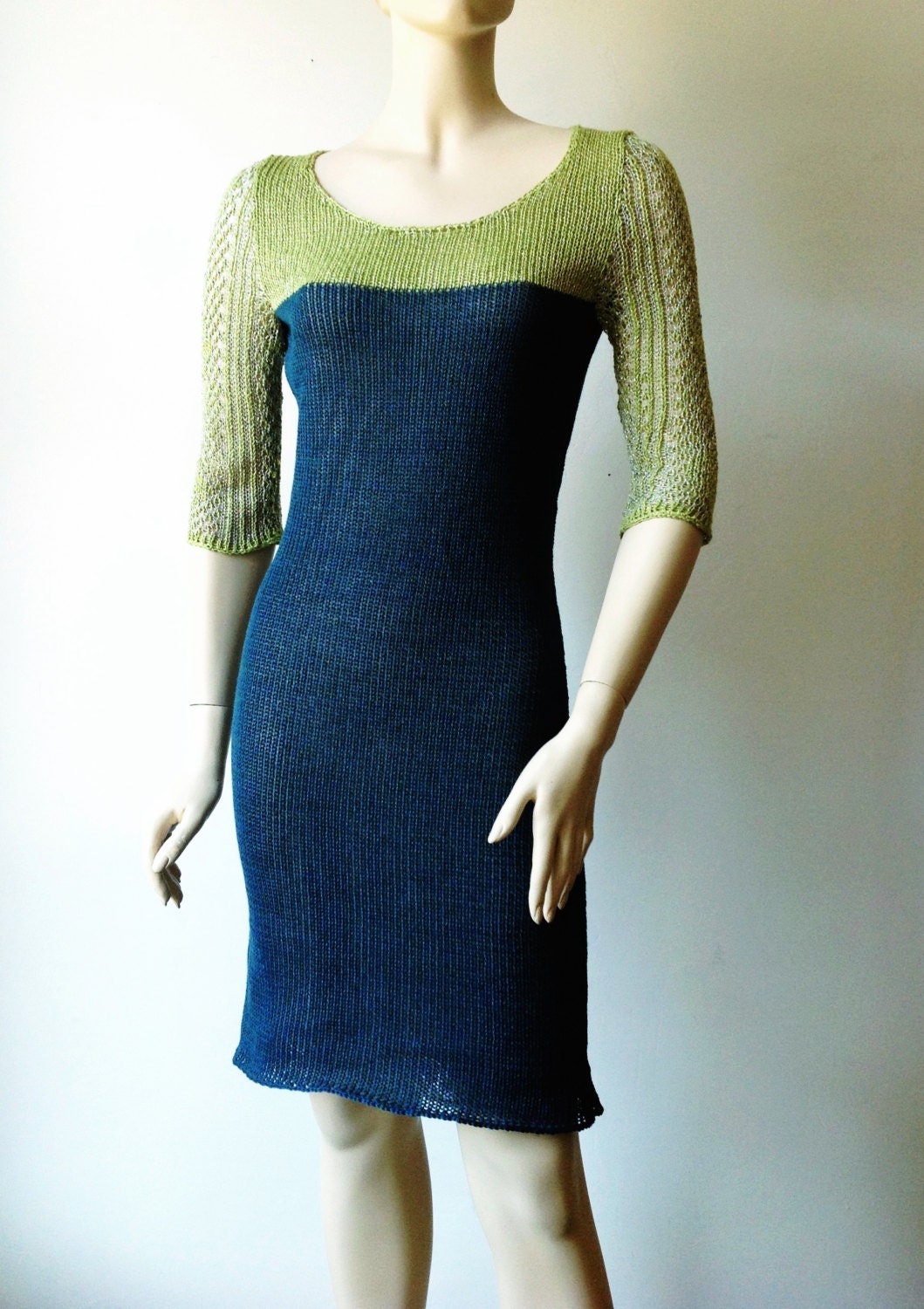 Knitted linen dress with half sleeves "DEW",  teal with green