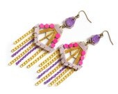 Neon Leather Earrings Pink Polka Dots and  Chandelier Chain Art Deco Geometric Jewelry