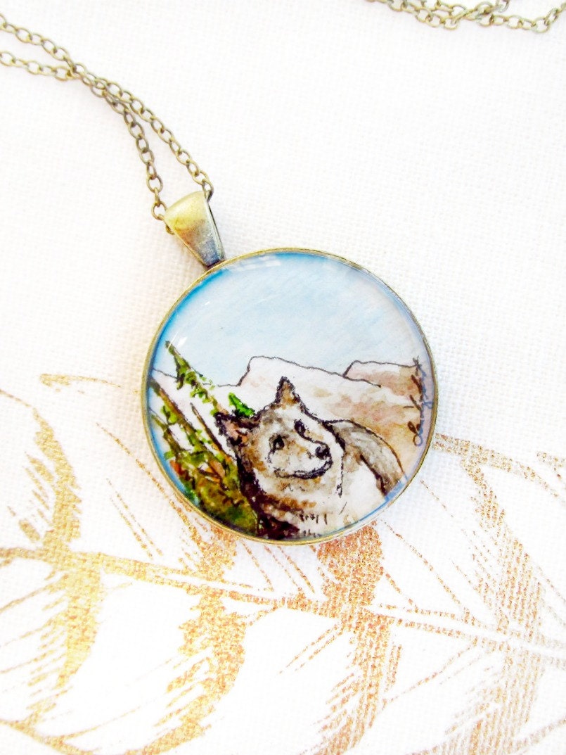 Gray Wolf necklace, hand painted jewelry, woodland wolf art, watercolor necklace, ONE OF A KIND