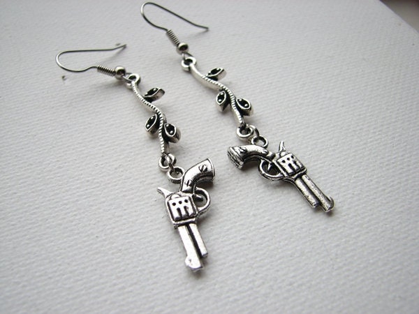 Silver Leaf Earrings Gun Western Dangle