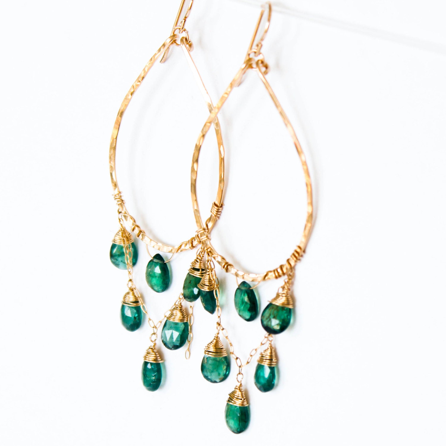 Green Apatite Cascade Hoops - 14K Gold Filled Handmade Hoop Earrings and Green Apatite