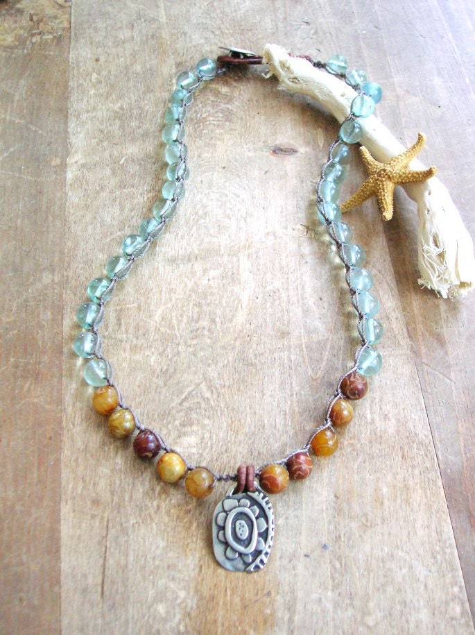 Boho crochet necklace Bohemian jewelry - Beach Retreat - pendant necklace bronze flower, leather, aqua jade beach jewelry, sundance