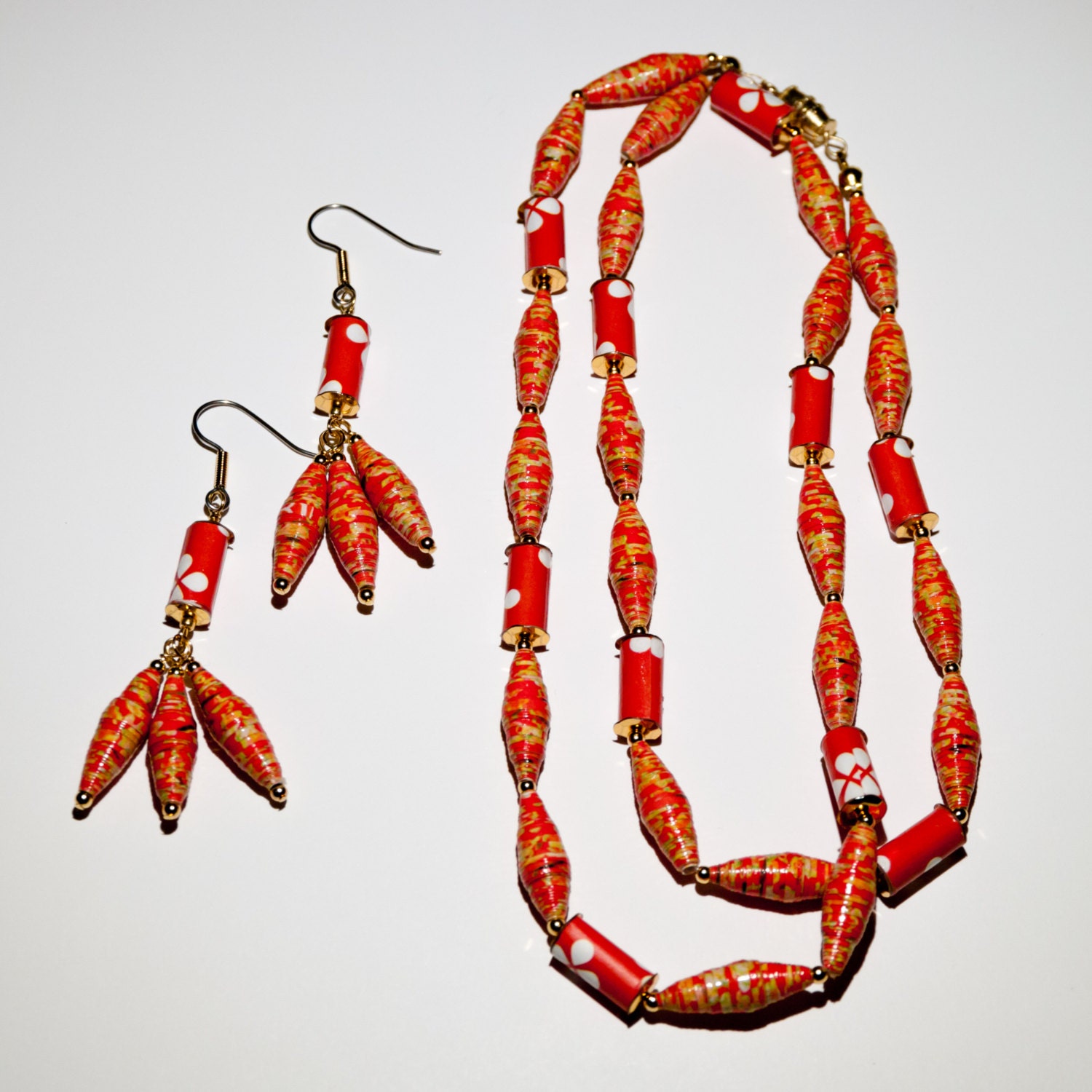 Eco Friendly Red and Gold Necklace and Earrings Set from Paper Beads