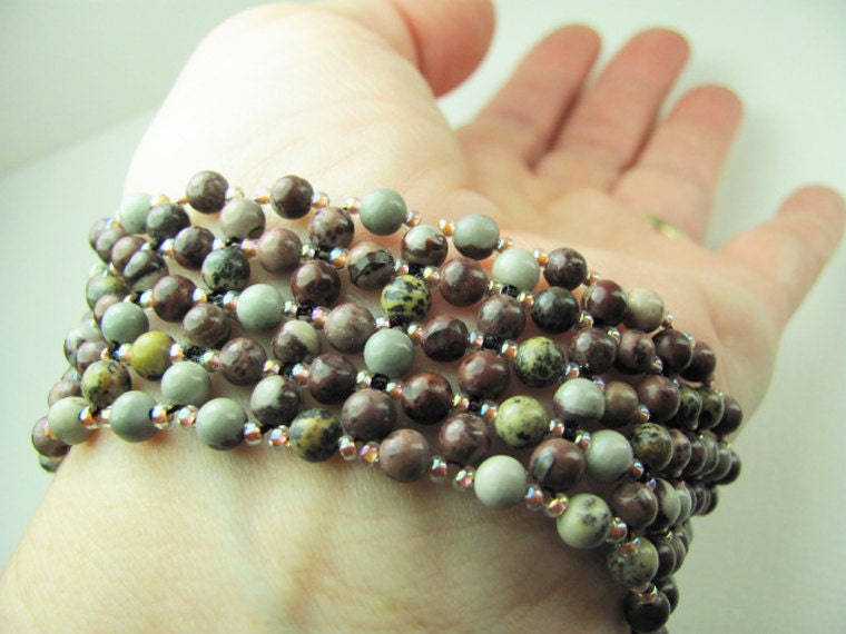 Bangle Bracelet Beadwork Crazy Horse Stone - Burgundy, Brown, Gray, Gold, Tan, Mauve, Pink - SRAJD