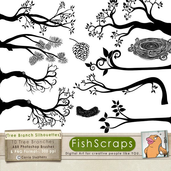 Tree Branch Silhouette - Branch Clip Art - Bird Nest - Pine Cone - Photoshop Brushes - Digital Stamps Il_570xn