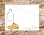 SET of 8 MILK and COOKIES Thank You Note Cards   :  Personalized Stationery, Notecards, Choose Pink or Blue