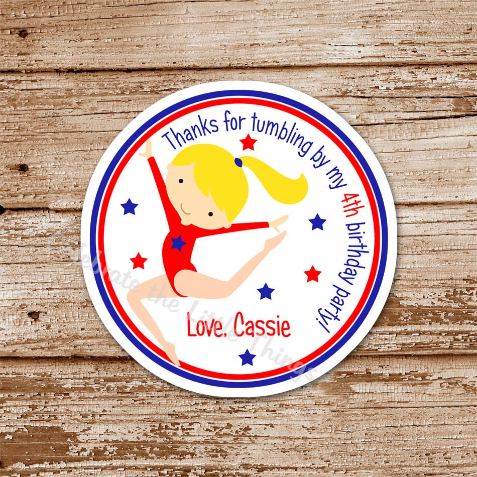 SET of 12 GYMNASTICS Favor Tags or Stickers for Girls  :  red, white, blue, personalized