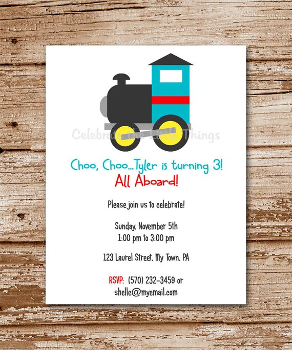 SET of 12 Choo Choo TRAIN Invitations : Red, Turquoise, Black Il_570xn