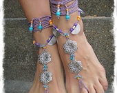 GYPSY purple BAREFOOT Sandals Anklets Crochet SANDALS Wedding Barefoot Sandals sole less shoes Foot Jewelry antique flowers