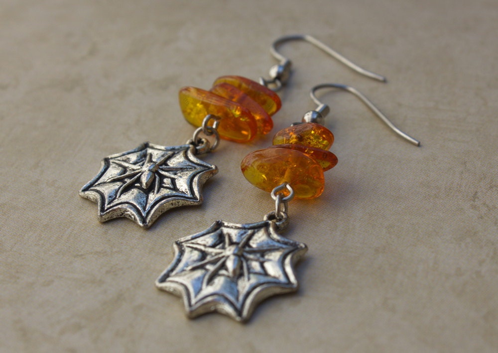 Sticky as a Spider's Web - Amber Chips and Spiderweb Charm Earrings