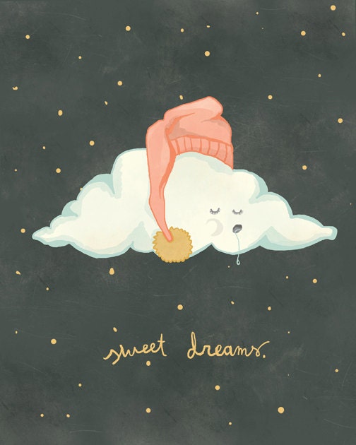Sweet Dreams, cloud unisex nursery art, 8x10 print of original illustration