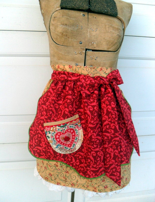 French Country Half Apron Red and Honey Gold Apron Cottage Chic