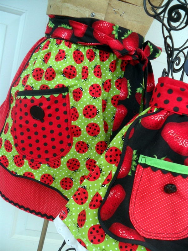 Mother Daughter Aprons Matching Half Apron Set in LadyBugs and Strawberries
