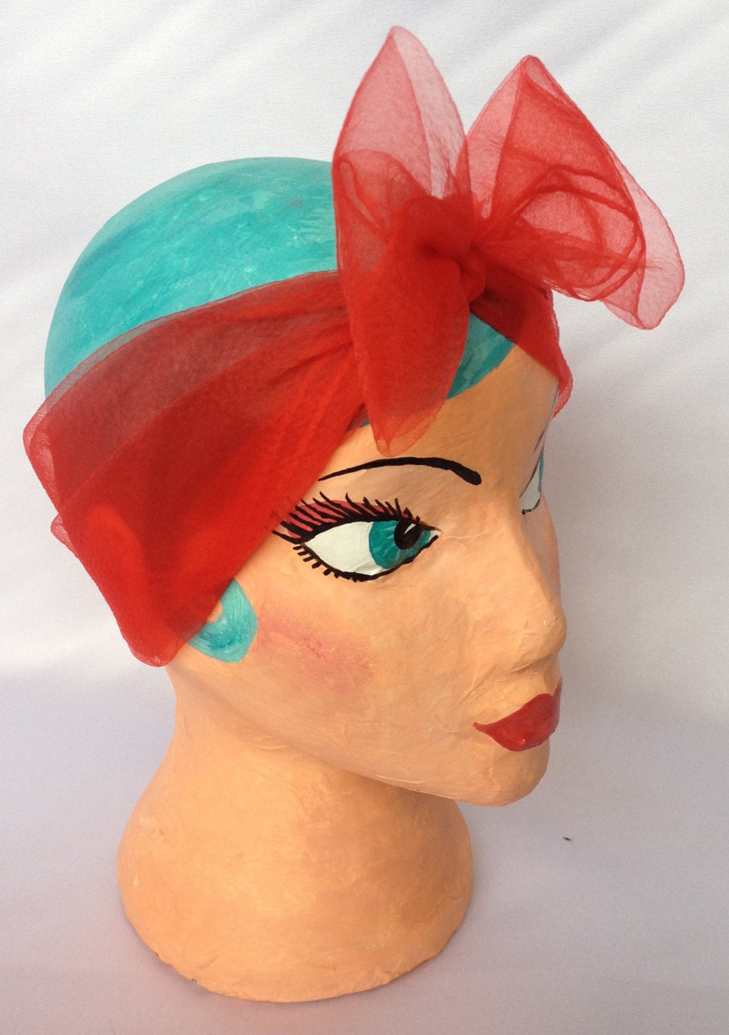 Vintage Deadstock red nylon/ chiffon sheer square headscarf rockabilly VLV