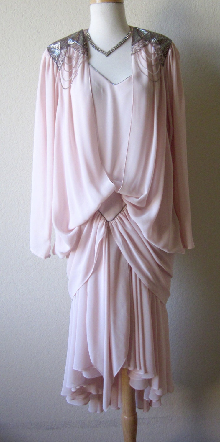 Vintage-flapper dress-flapper-pink-80s goes 20s- L-XL