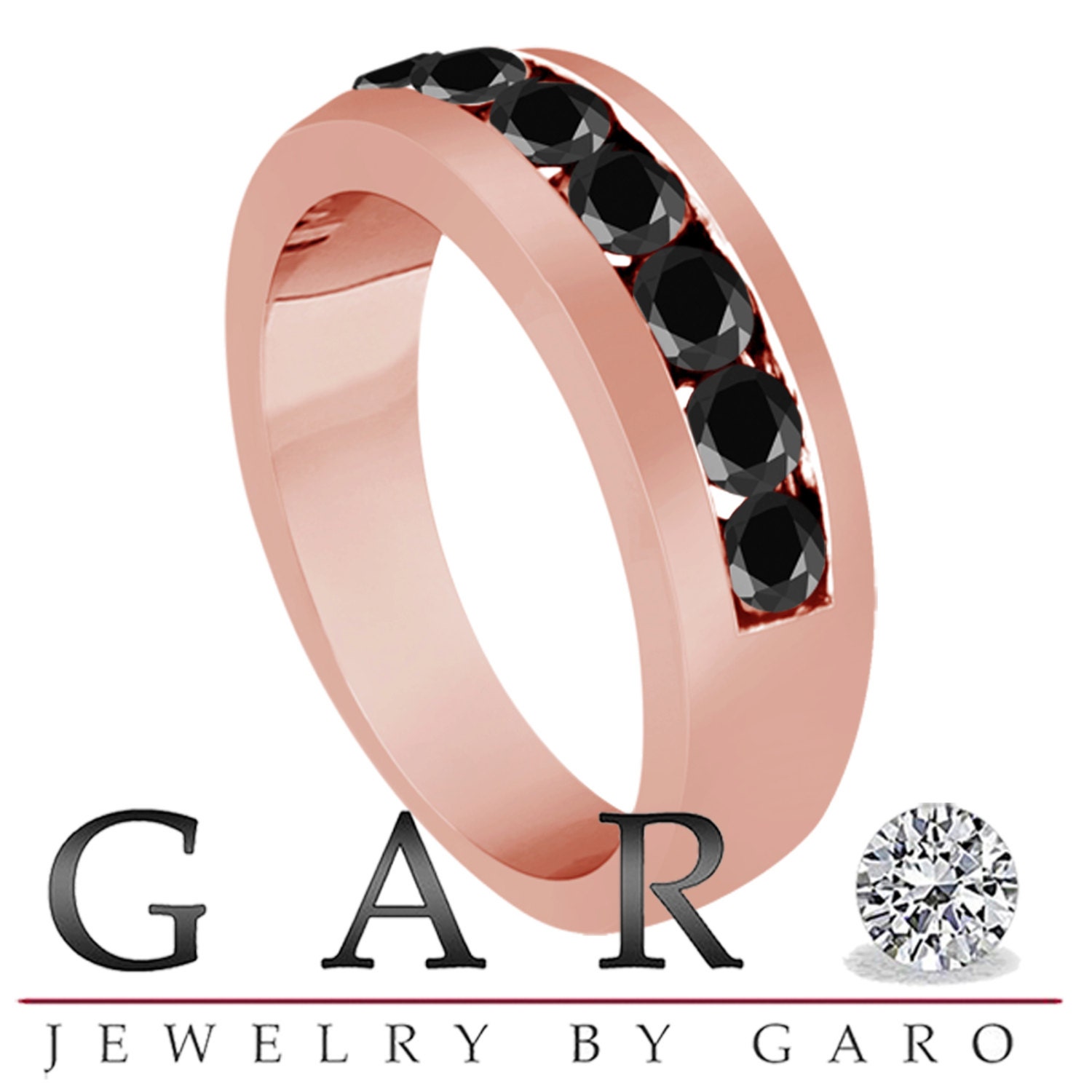 Unisex 1.00 Carat 14K Rose Gold 7 Stone Wedding & Anniversary Black Diamond Band Canal Set 6 mm Handmade