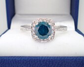 1.36 Carat CERTIFIED  Blue & White Diamond Engagement  Ring 14K White Gold HandMade Halo Ring
