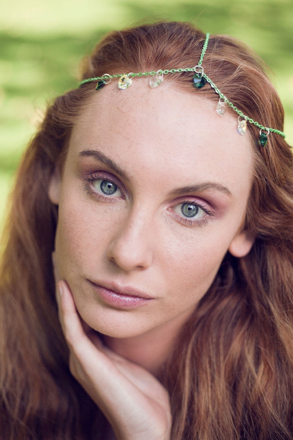 Chain Head Piece Chain Head Dress Hair Jewellery Goddess Inspired Triple Stranded Emerald Green Swarovski Heart Head Chain Head Piece