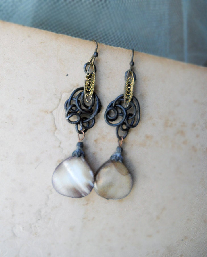 Rustic Beaded Earrings - Assemblage - Mother of Pearl Beads, Handmade & Vintage Filigree - Metal and Shell Assemblage Earrings