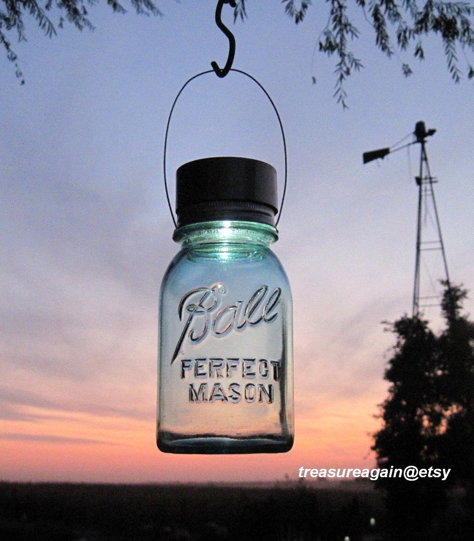 1 Mason Jar Light Hanging Solar Mason Jar Lantern, Blue Ball Jar, Garden Lighting, Upcycled Gift for Gardeners, Outdoor Hanging Lights