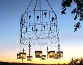 Cottage Garden Mason Jar Chandelier Shabby Chic Wedding Lighting Vintage Garden Ball Jar Candle Lanterns Upcycled Keys Recycled Garden Fence
