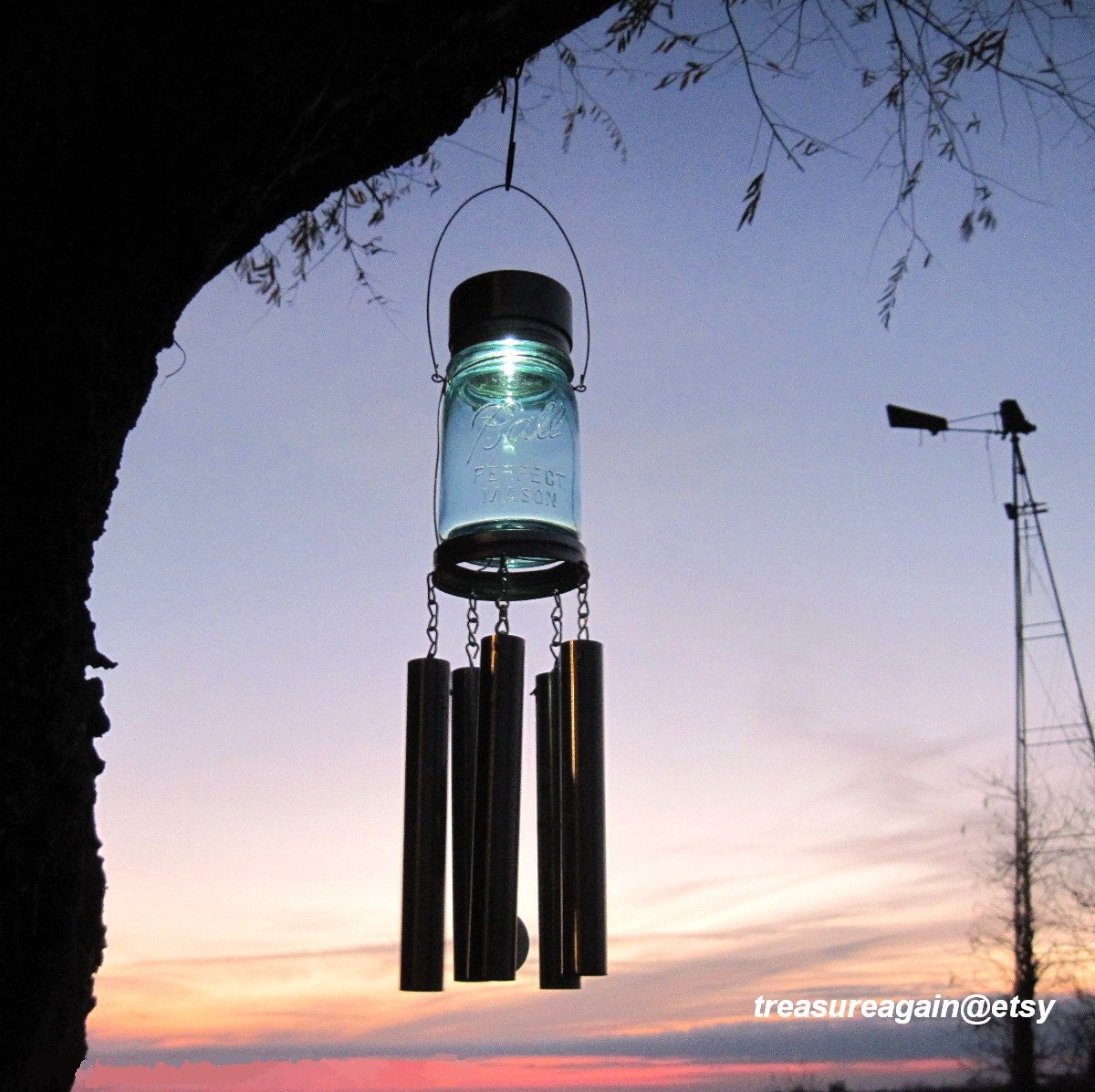 Mason Jar Windchime Light Solar Upcycled Garden Decor, Recycled Wind Chime Mason Jar Solar Light