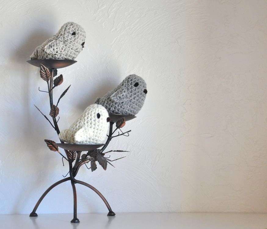 3 Bird Baby Rattles Crocheted Baby Toys Grey, Oatmeal & Cream