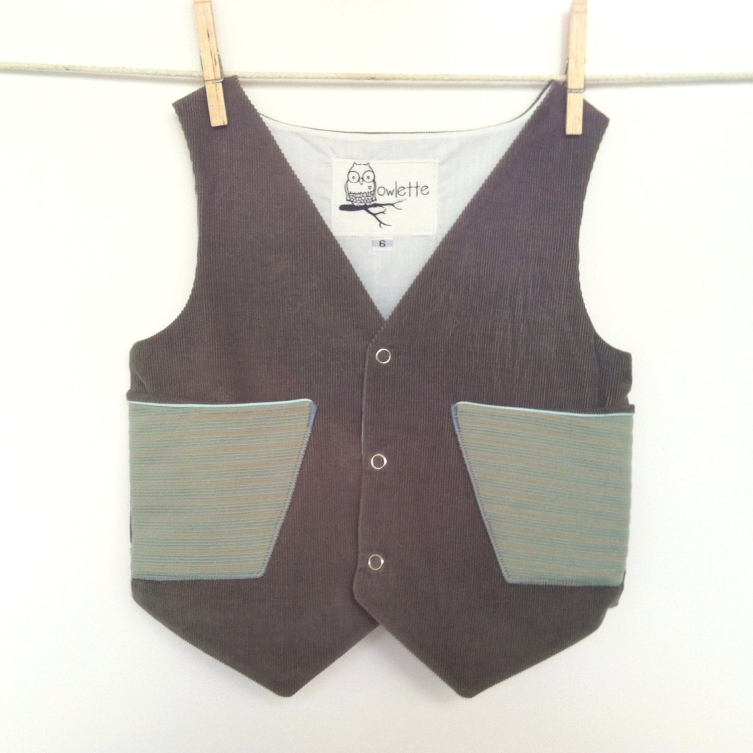 Corduroy Vest, Gray Blue Gold Stripe Two Tone with Snaps, Unisex, Size 6