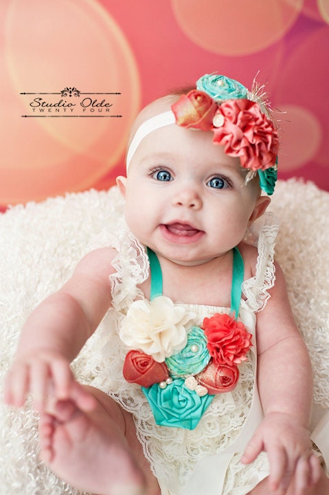 Coral, Ivory, Tropical Blue, Rolled Rosette, Bib Necklace, Girl, Couture, Birthday, Wedding, Satin Flower, Pearl, Toddler, Fabric Roses