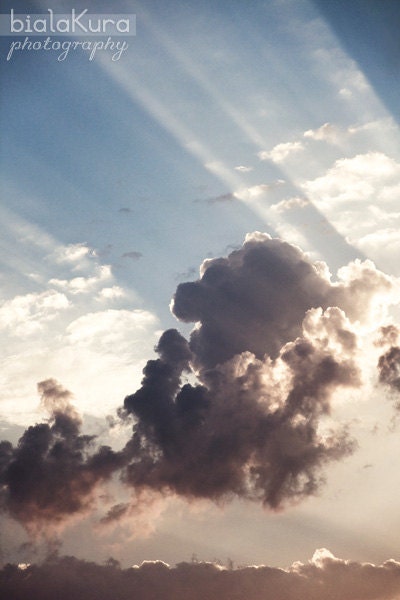 sun beams and clouds photography, 8x12 sky photo, nature photography, blue, purple, white, clouds nursery wall decor