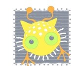 Cat monster art, outer space, sci fi, fantasy animal illustration, cat art, nursery art print, animal art, kids wall art, yellow, gray