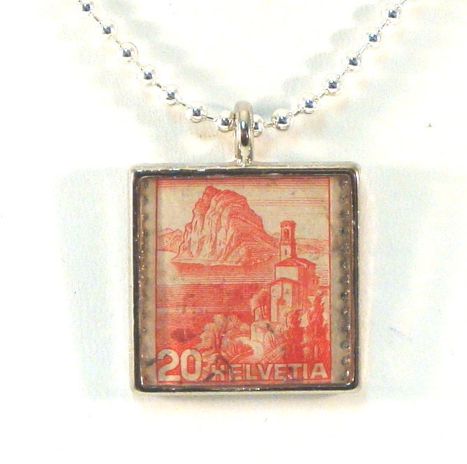 Vintage Switzerland Helvetia Postage Stamp Necklace Pendant