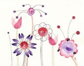 whimsical flowers, original watercolor painting, Two Tulips no.2, embroidery, mixed media, spring, pink red purple