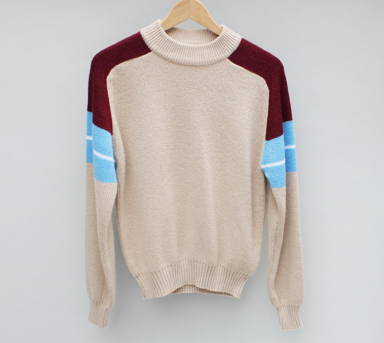 70s vintage men's sweater, tan, maroon, sky blue - Men's Small / Medium