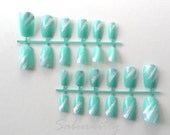 French Mint Splash Nail Art graphic print design fake artificial acrylic white blue seafoam nails w/glue