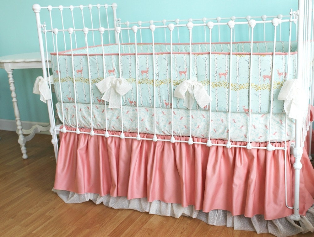 Baby Girl Crib Bedding Coral Peach Aqua -  Fawn & Forest Crib Set