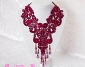 Burgundy Lace Neck piece, Red, crystal, pearl, beaded, Victorian, Steampunk, Goth, Lolita, Fetish, Bride, Bridal, Necklace, Collar, Choker,