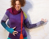 Purple Color Block Statement Sweater - S/M tassel scarf tunic thumb hole sweater in wool, kid mohair and silk