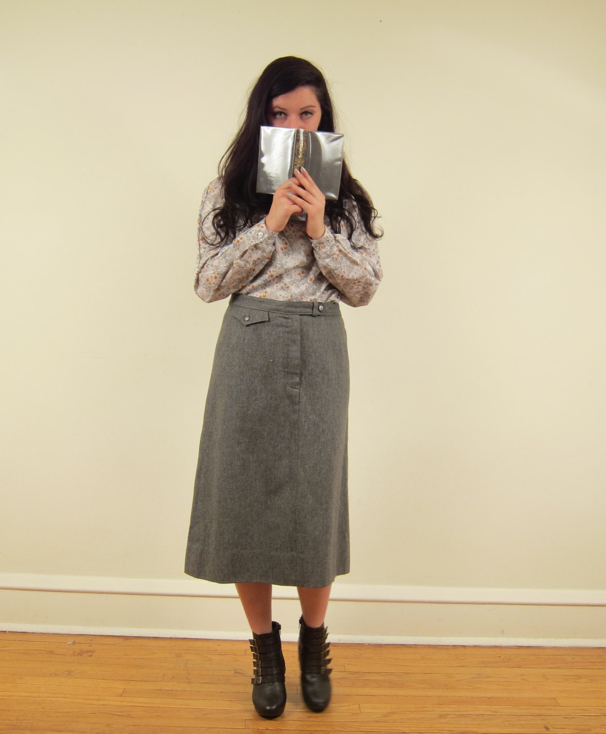 Vintage 1970s Gray Skirt in Wool by Evan Picone, High Waisted, Small