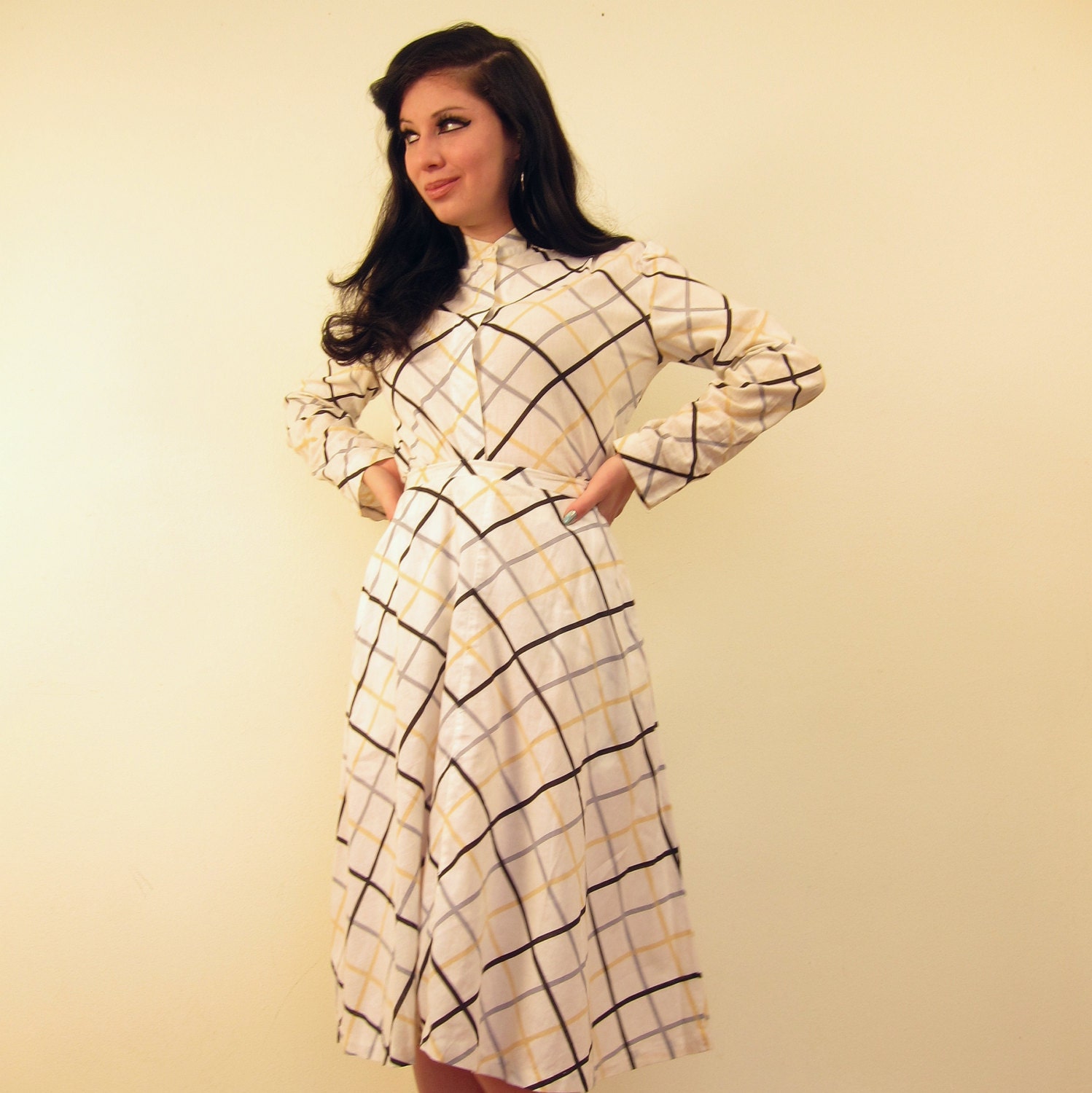 Vintage 1980s Graphic Print Ensemble Shirt Skirt in White Navy Blue Yellow Diamond Check by Anne Klein