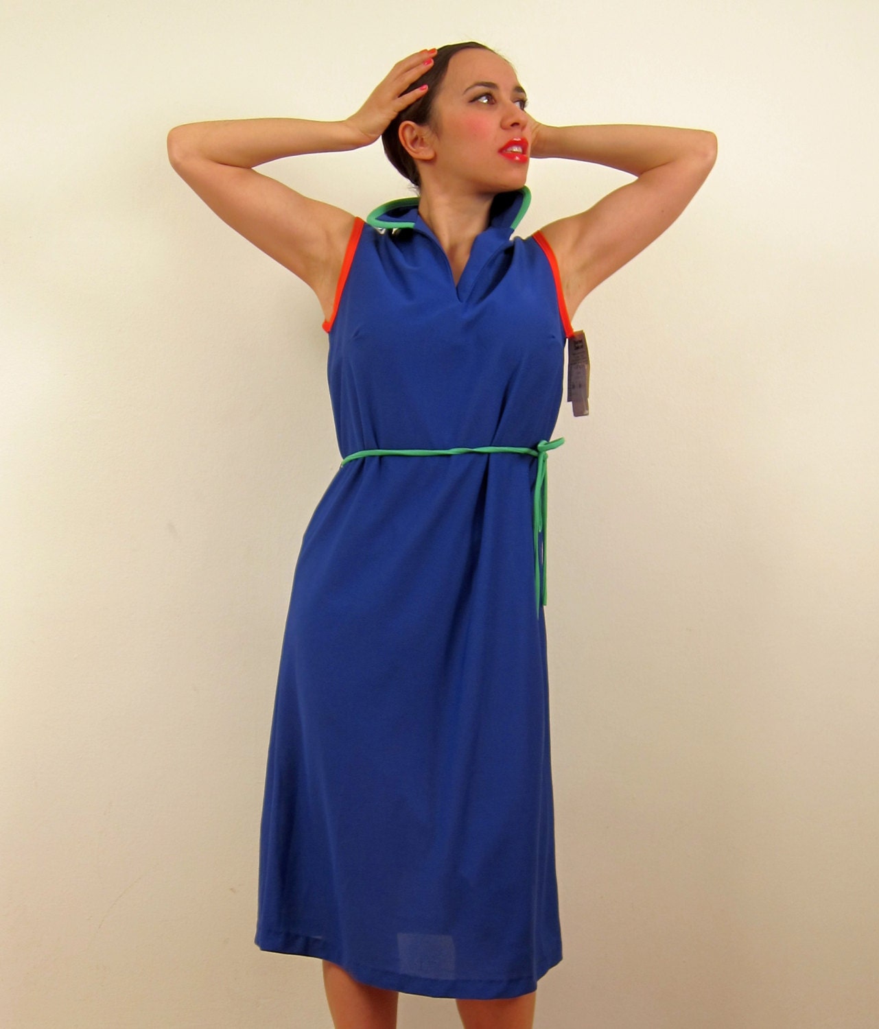 Vintage 1970s Blue Tennis Dress With Green Red White Trim Medium NOS