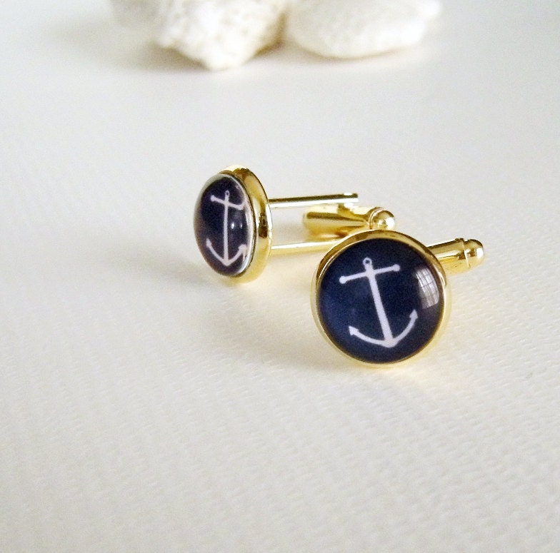 Anchor Cuff links in Navy Blue and Gold - Nautical Beach Wedding - cufflinks for Groom Best Man Graduate or Father's Day