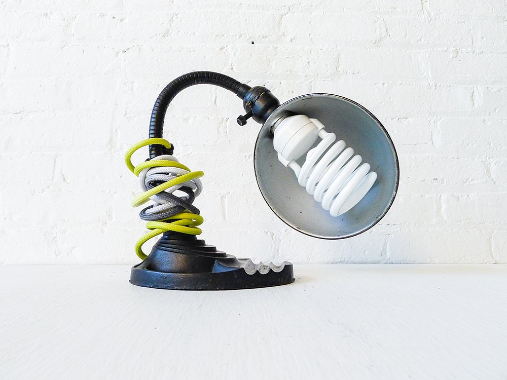 OOAK Vintage Industrial Lamp - Black Antique Cast Iron Table Light w/  Ombre Dyed Yellow-Grey Color Cord