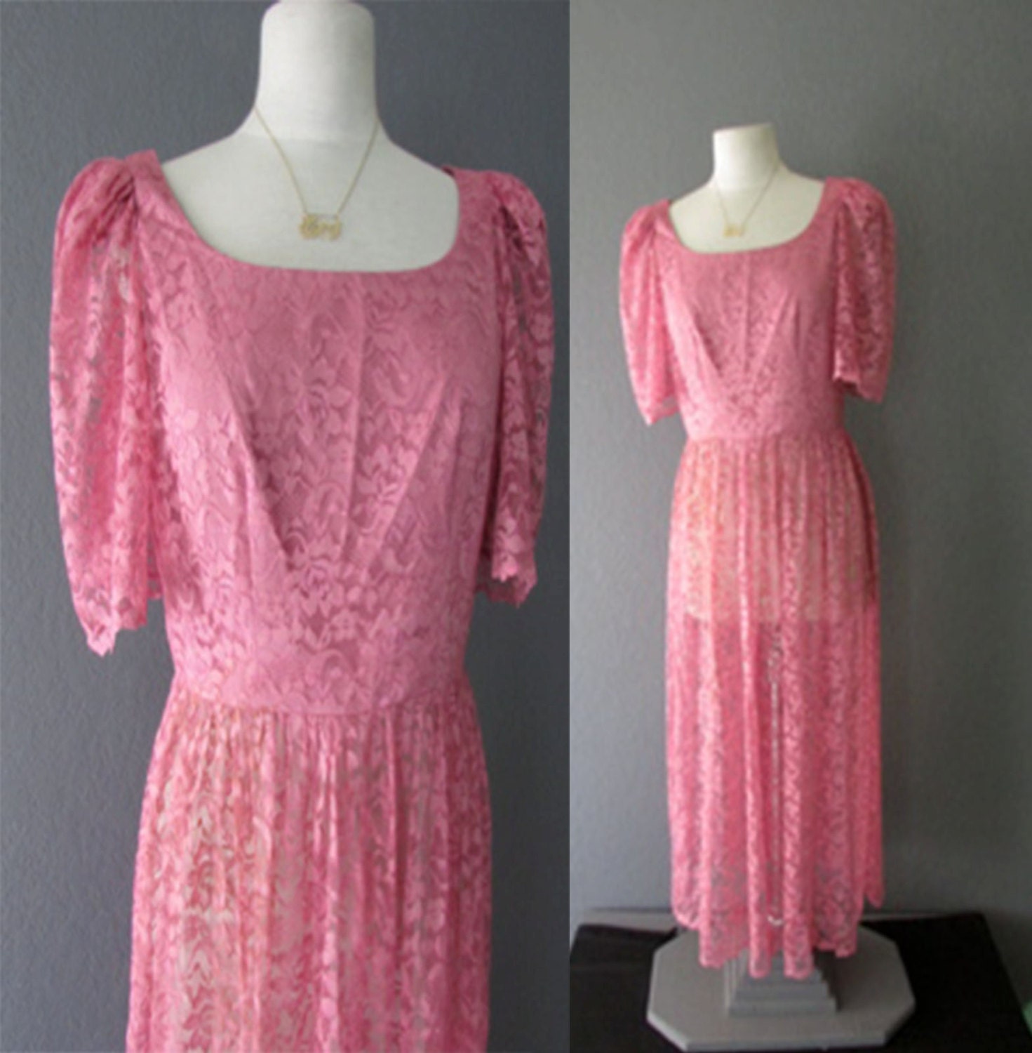 EVERYTHING 15 SALE 80s dress - pink lace transparent maxi skirt formal dress - size large