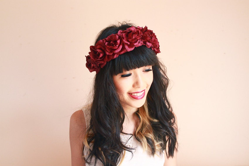 burgundy wine rose crown -maroon floral statement headpiece, santa monica, festival crown, oversize rose.